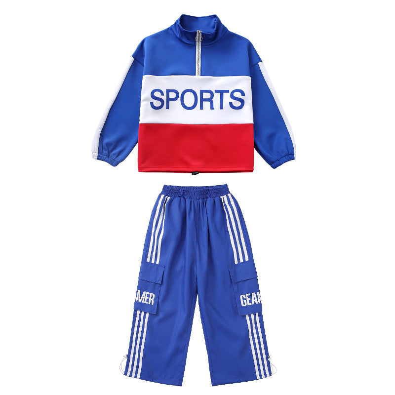 Boys Girls Blue red Hip Hop Jazz Dance Costumes Street Rapper Singers Gogo Dancers Kids Cheerleading Performance Uniforms Sports Class Uniforms - Moderndancedress.com