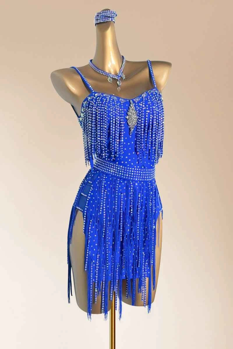 Custom Size Royal Blue Competition Latin Dance Dresses for Women Girls Bling Fringe Slasa Rumba Blackpool Dance Wear