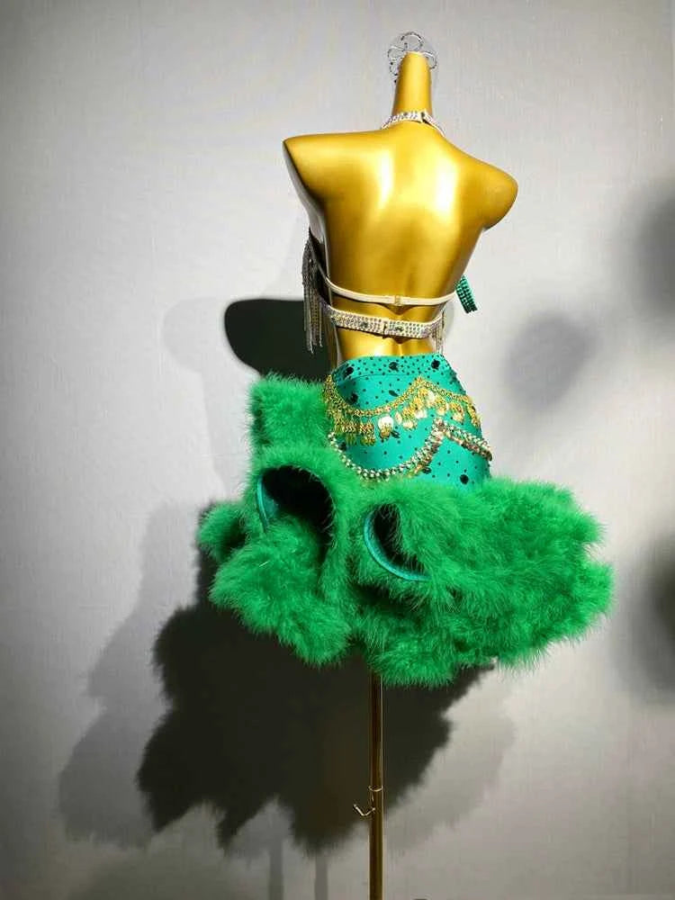 Custom Size Competition Latin Dance Dresses for Women Girls Green Blue Feather Samba Blackpool Dance Wear