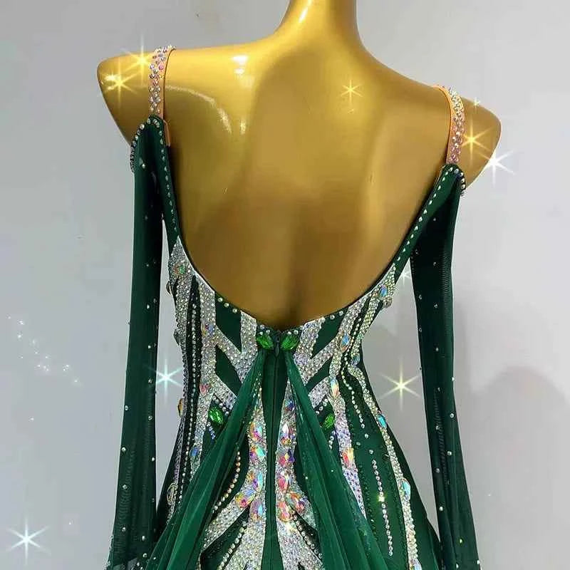 Custom Size Green Crystal Ballroom Dance Dress Tango Foxtort Rhytm Waltz Performance Costume