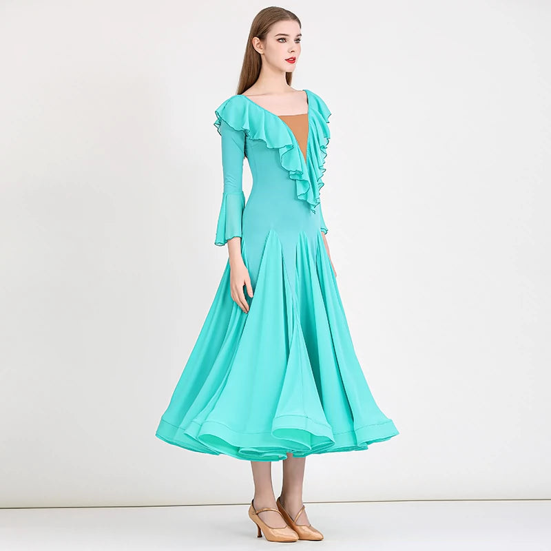 Turquoise Modern ballroom Dance Dress for women girls National Standard Waltz tango Performance Gown - Moderndancedress.com