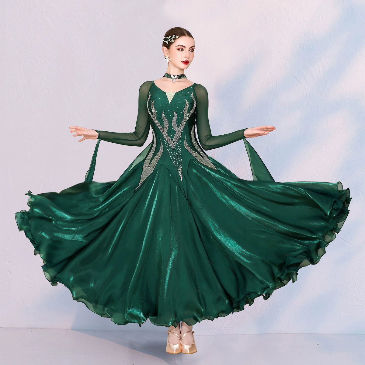 Women Dark Green Ballroom Dance Dress - Silver Rhinestone Waltz Foxtrot Gown
