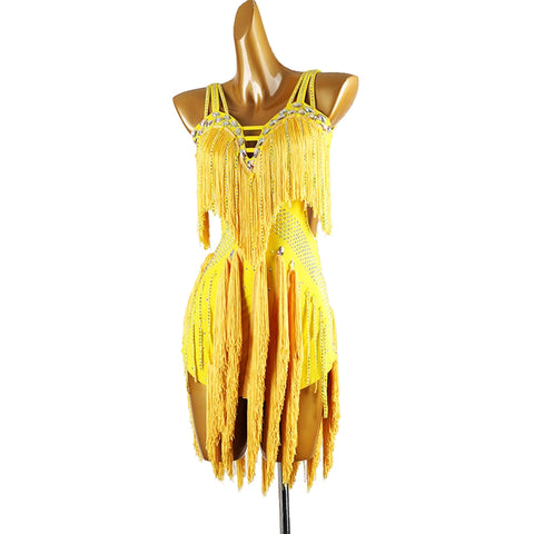 Competition Latin dance dress for women young girls yellow black tassels bling salsa rumba chacha solo performance clothing - Moderndancedress.com