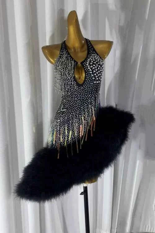 black salsa dress Women with red tassels flowers latin dance dresses long sleeves modern dance stage performance rumba chacha ballroom dance fringe Made of highest quality single jersey Custom Size Black Feather Competition