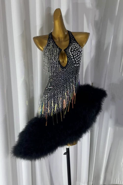 Custom Size Black Feather Competition Latin Dance Dress for Women Salsa Blackpool Dance Costume