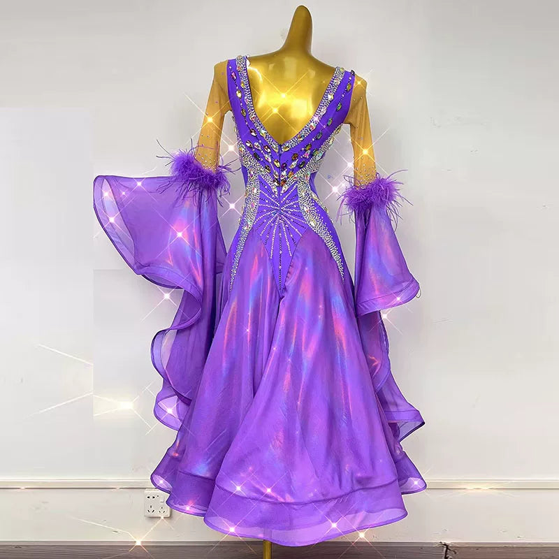 Customized Violet Gemstones Competition Ballroom Dance Dress for Women Waltz Tango Foxtrot Dancing Gown