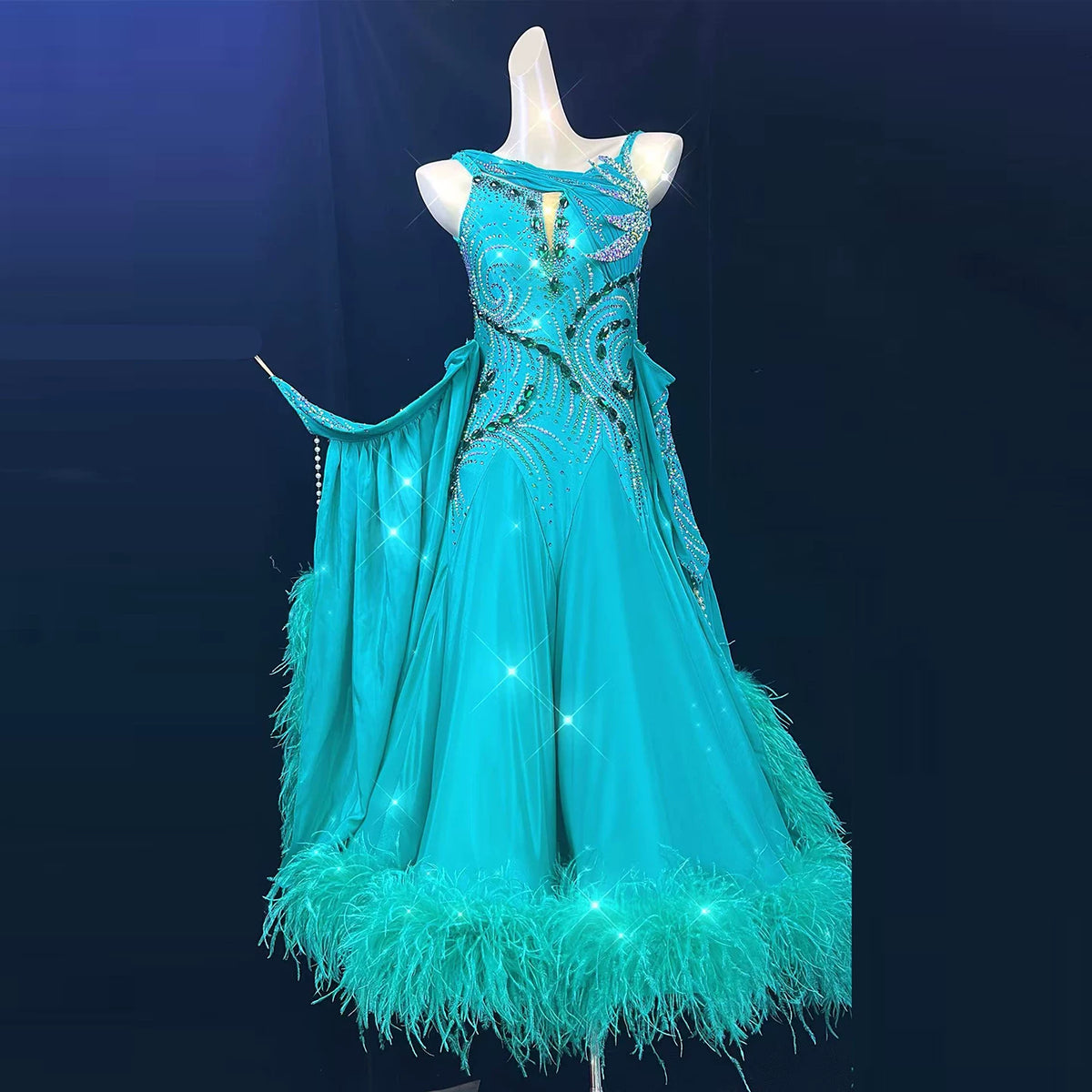 Custom Competition Turquoise Ballroom Dance Dress Premium Feather Waltz Foxtrot Gown