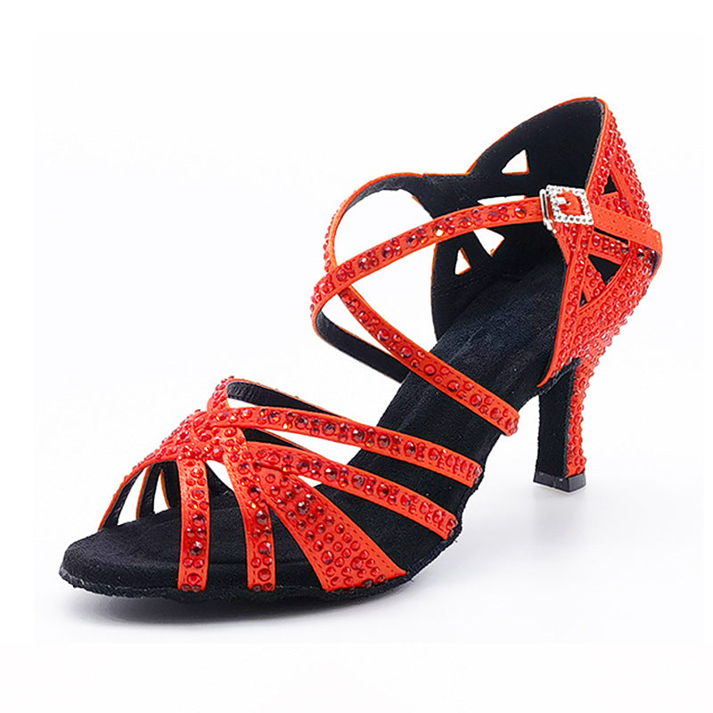 Blue Rhinestones Ballroom Latin Dance Shoes Women Bling Soft Soles Indoor Dance Waltz Tango High Heelshoes Salsa Party Social Wedding Shoes - Moderndancedress.com