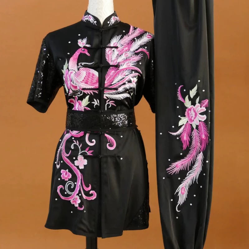 Customized size Embroidered Phoenix Competition Chinese Kungfu uniforms wushu performance Taichi clothing Changquan Nanquan Suit for adult kids - Moderndancedress.com