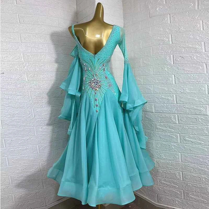 Custom Size Women's Blue Ballroom Dance Dress Competition Waltz Long Skirt