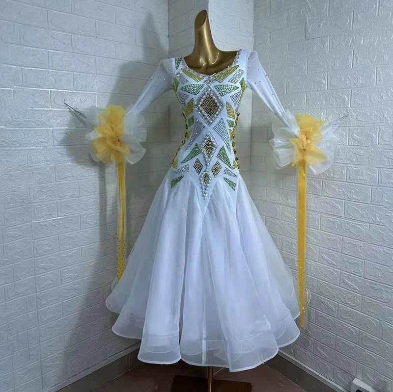 Custom Size White Competition Ballroom Dance Dress for Women Waltz Tango National Smooth Dance Long Gown