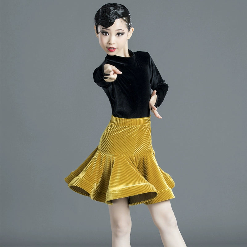 Girls Blue Yellow Velvet Latin Dance Dresses Kids Children Pink Salsa Chacha Rumba Practice Clothes Modern Dance Outfits - Moderndancedress.com