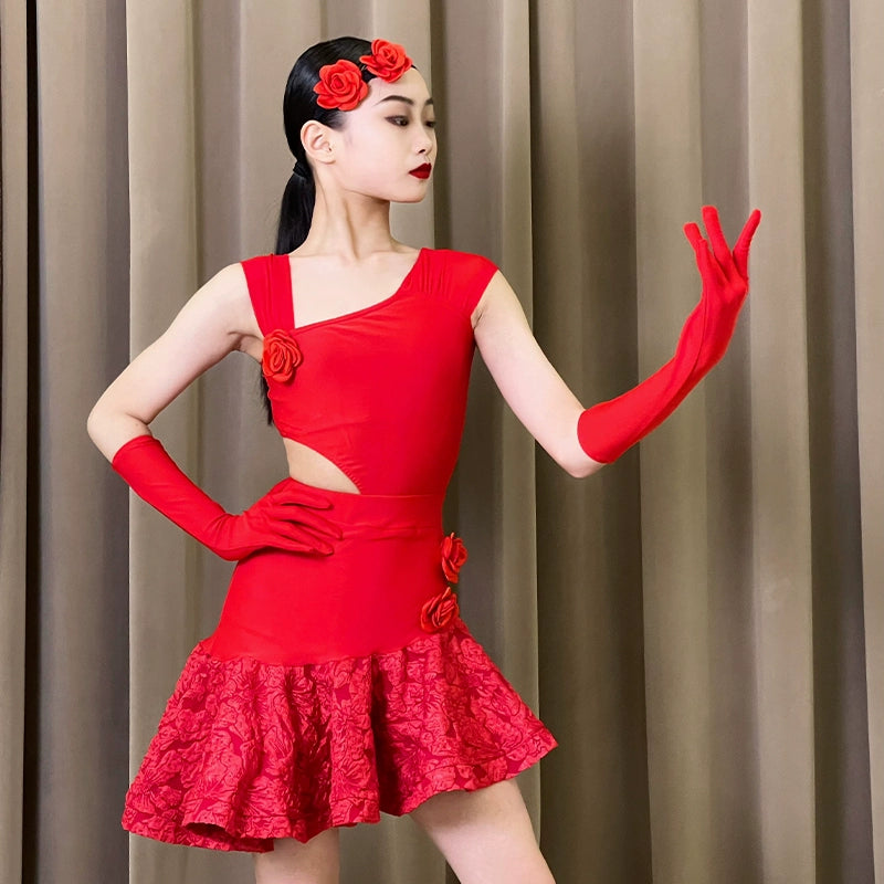 Red Slant Neck Lace Latin Dance Dresses for Girls Kids Children's Sals ...