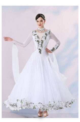 Women's Competition ballroom dance dresses for girls white pink blue waltz tango foxtrot rhythm moving dance long gown with float sleeves - Moderndancedress.com