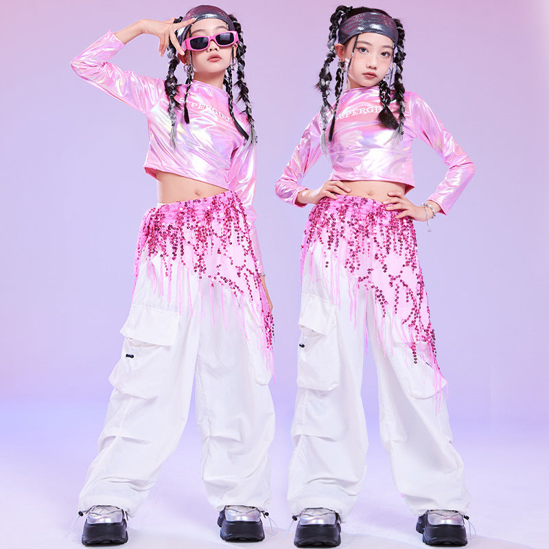 Girls Jazz Dance Costumes Kids Khiphop Metallic Pink Street Outfits & Cargo Pants Set
