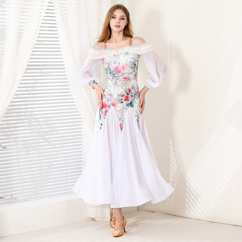 White Floral Ballroom Dance Dresses for Women Girls Waltz Tango Flamenco Dew Shoulder Dancing Long Gown for Female - Moderndancedress.com