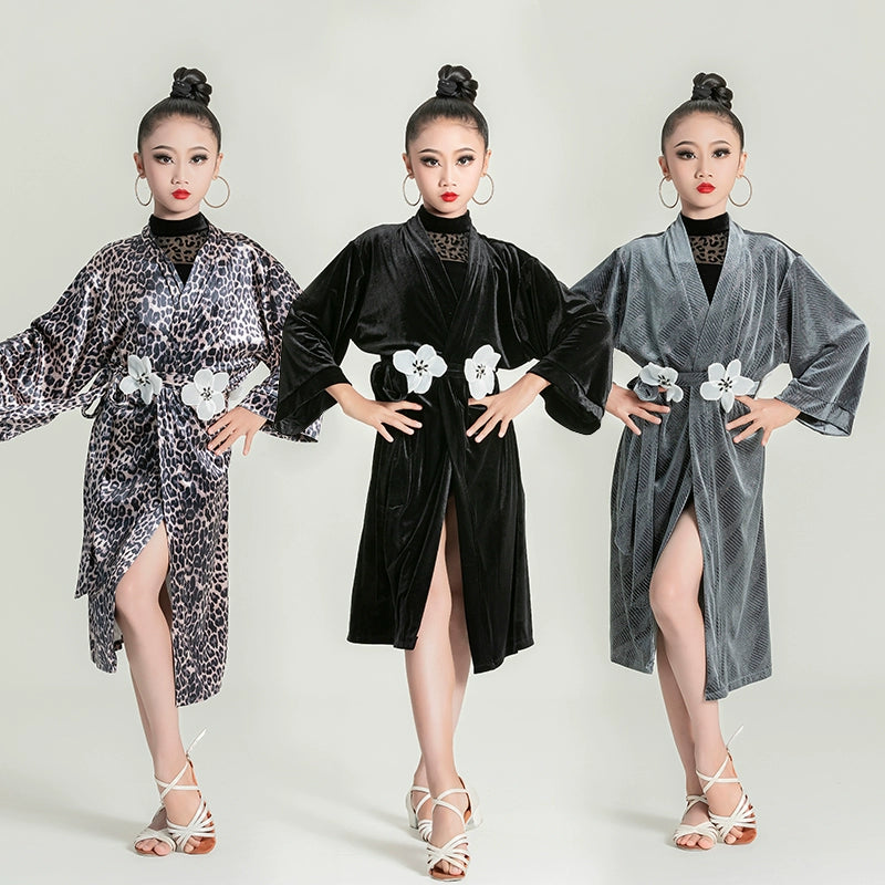 Girls kids leopard black velvet Latin dance robe for children ballroom salsa rumba practice dancing catwalk performance outwear long coat