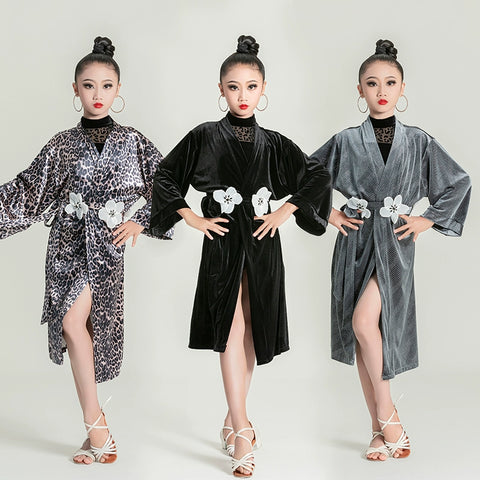 Girls kids leopard black velvet Latin dance robe for children ballroom salsa rumba practice dancing catwalk performance outwear long coat