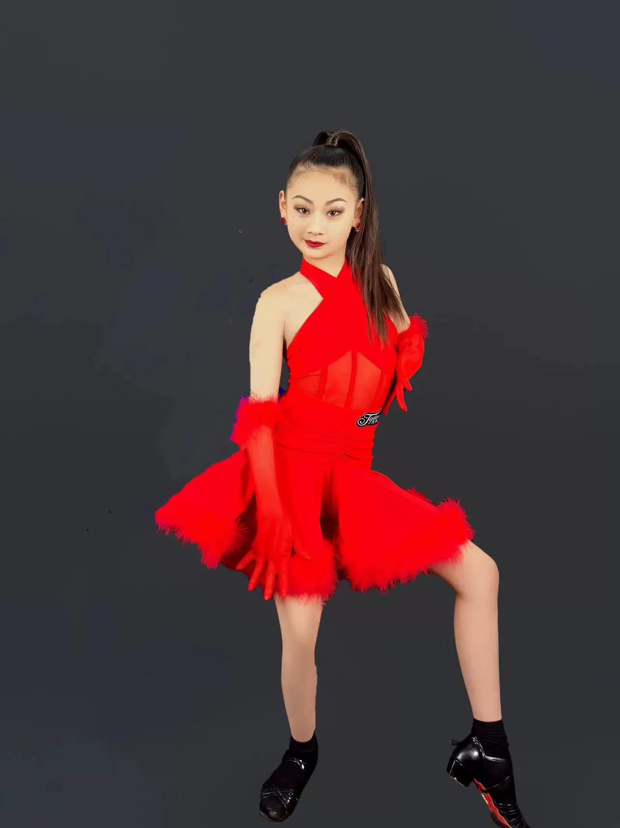 pink white blue feather competition Latin professional dance dresses for kids girls ballroom salsa rumba chacha performance clothes - Moderndancedress.com