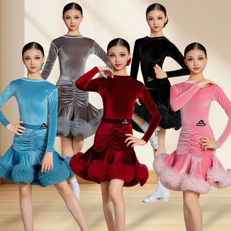 Girls Latin Dance Dresses Pink Wine Blue Velvet Ballroom Salsa Rumba Chacha Latin Performance Costumes for Kids