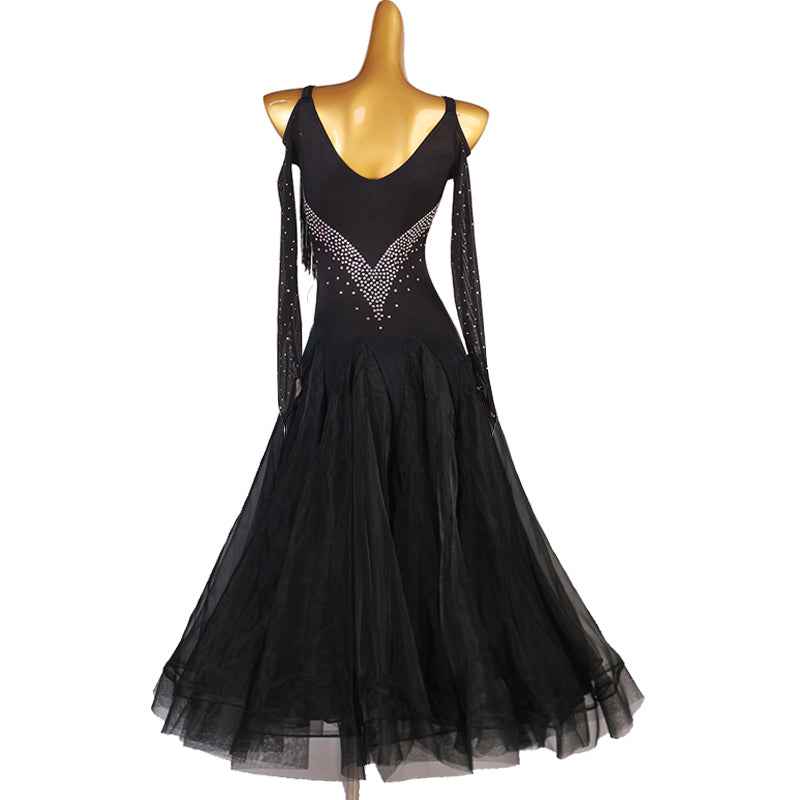 Red Silver Pattern Ballroom Dance Dress for Women Waltz Tango Black Fringed Rhythm Performance Long Gown - Moderndancedress.com