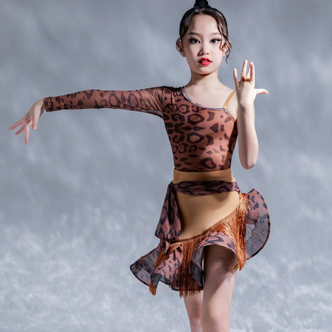 Girls Latin Dance Dresses Brown Leopard Fringe Slanted Shoulder Latin Salsa Cha Cha Performance Art Test Costumes for Kids - Moderndancedress.com