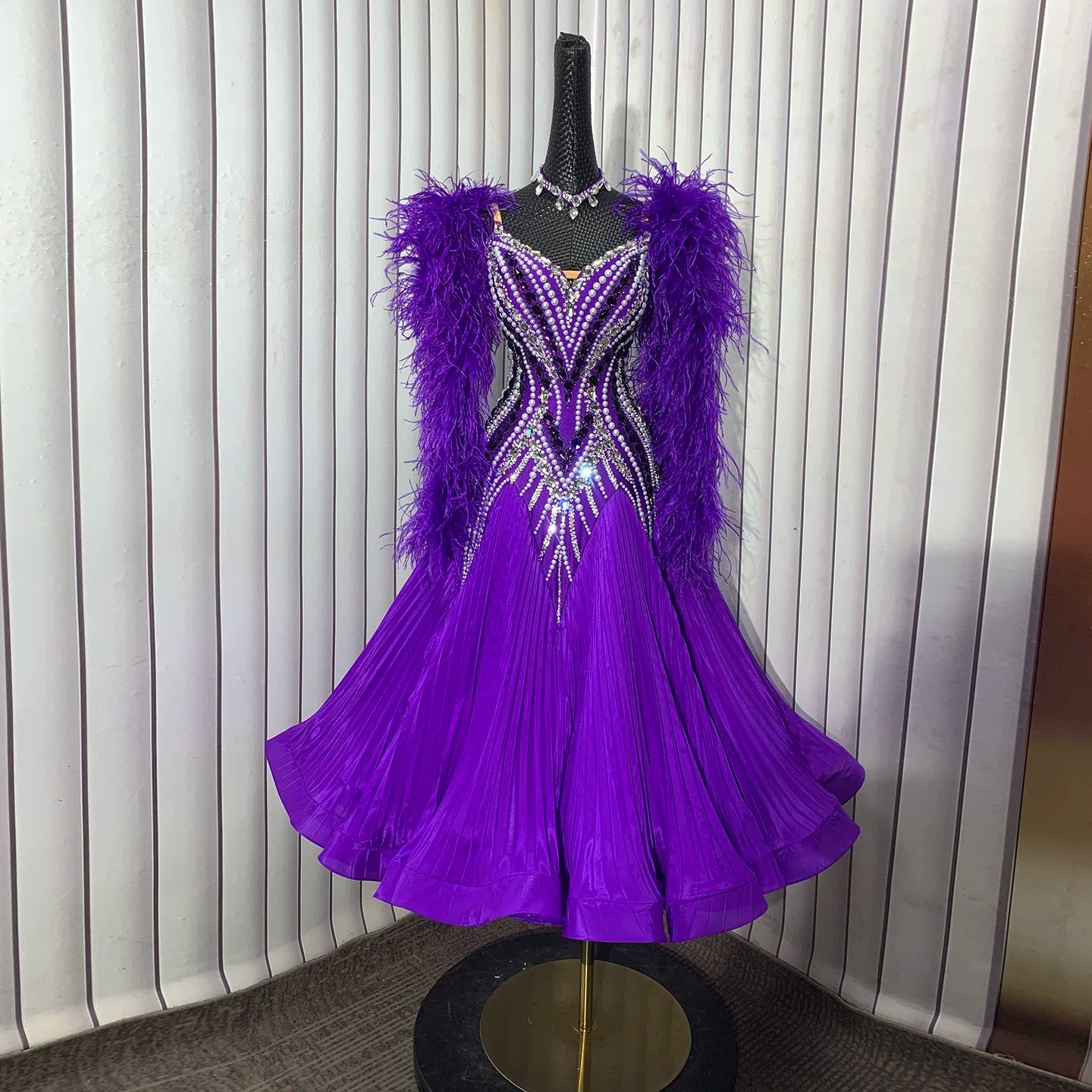 Custom Size Competition Purple Ballroom Dress with Ostrich Feathers & Crystals