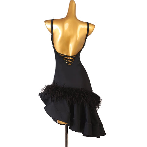 Black Diamond Feather Latin Dance Dresses for Women Girls Salsa Rumba Chacha Performance Competition Costume Sleeveless - Moderndancedress.com