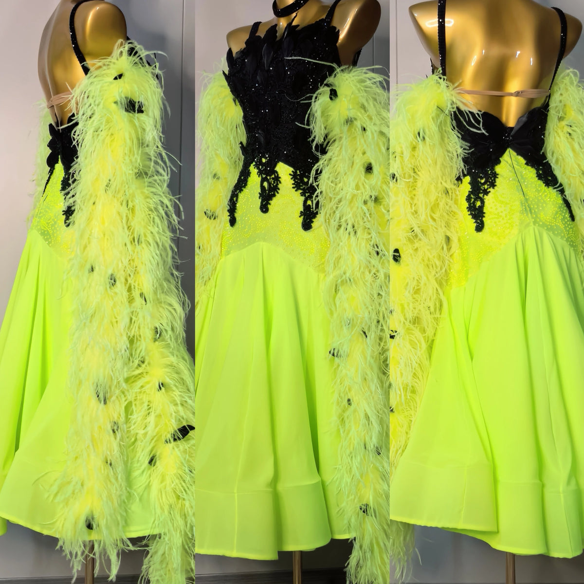 Custom Black and White Ballroom Dance Dress with Ostrich Feathers & Crystals Smooth Dancing Gown