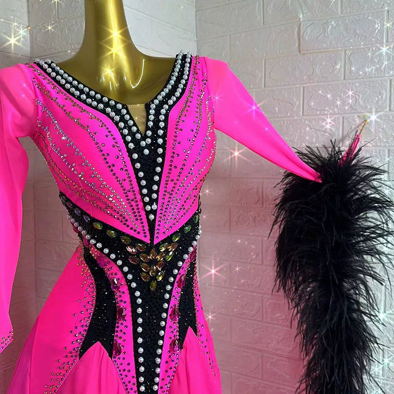 Customized  Size Hot Pink Cystal Ballroom Dance Dress Competition Smooth Waltz Dance Gown with Feather Float