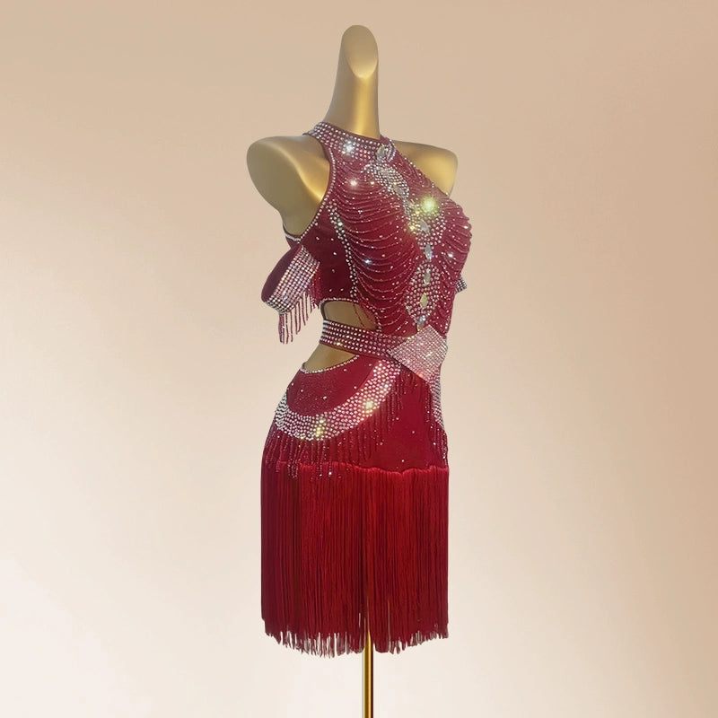 Custom Size Wine Red Bling Fringe Competition Latin Dance Dresses for Women Girls Kids Salsa Rumba Chacha Performance Art Test Dancing Outfits