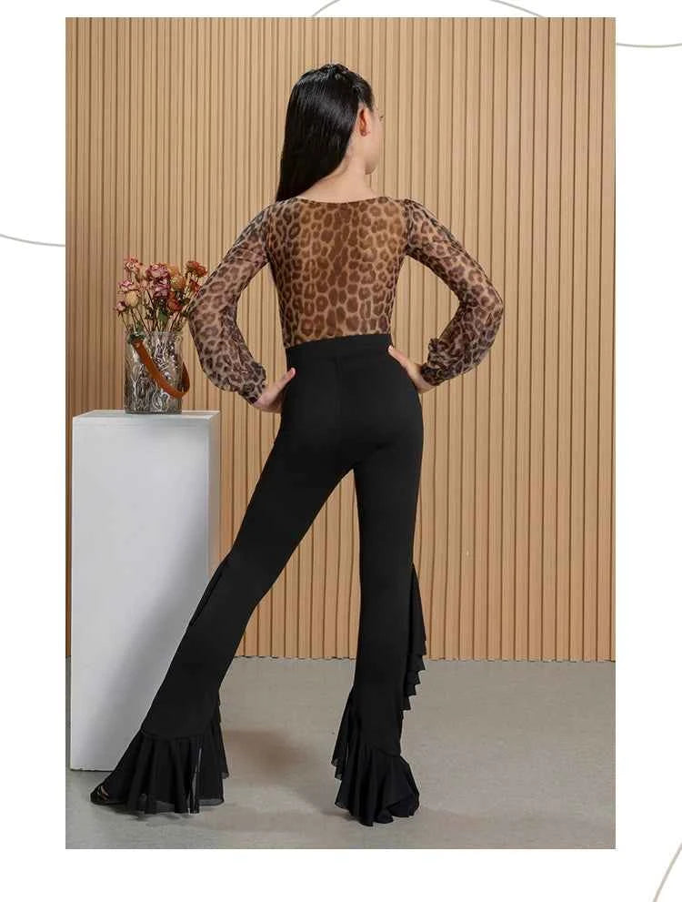 Girls Latin Dance Costumes Kids Leopard Ruffles Salsa Rumba Chacha Performance Clothes Tops and Pants