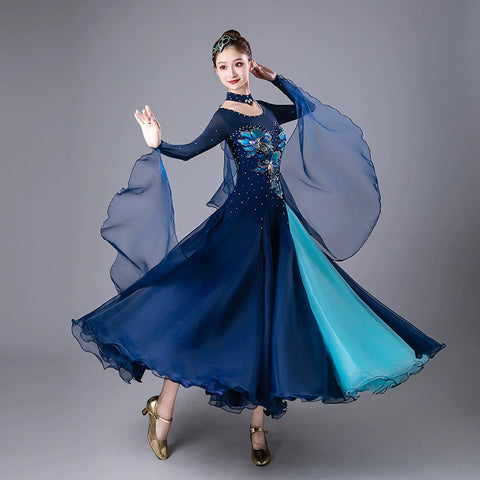 Navy Red Competition Ballroom Dance Dresses for Women Girls Diamond Waltz Tango Foxtrot Rhythm Performance Costumes - Moderndancedress.com
