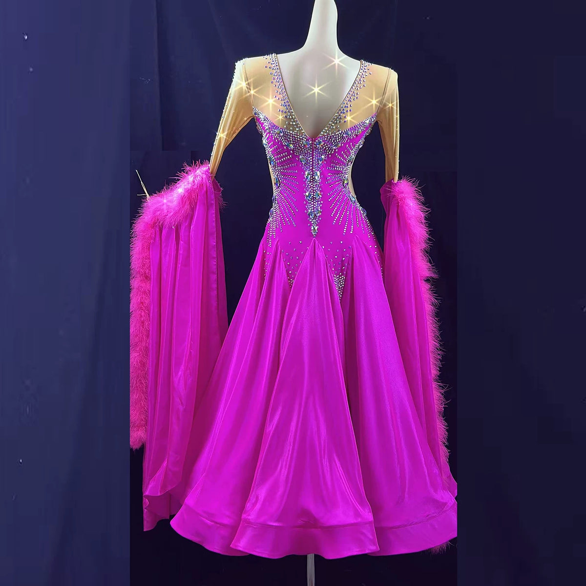 Custom Fuchsia Competition Ballroom Dance Dress Waltz Tango Gown with Feather Float