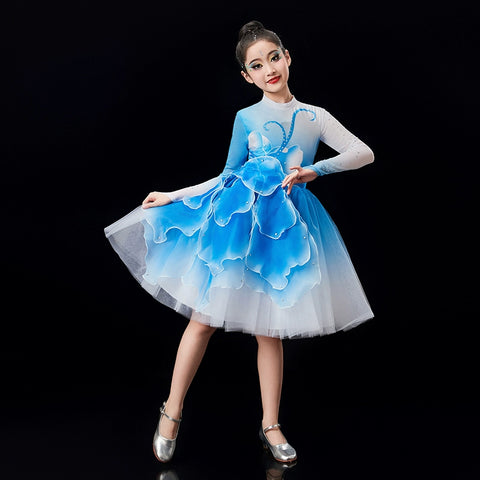 Children's pink green Petals modern dance dresses chorus performance girls tutu skirts school church choir competition outfits - Moderndancedress.com