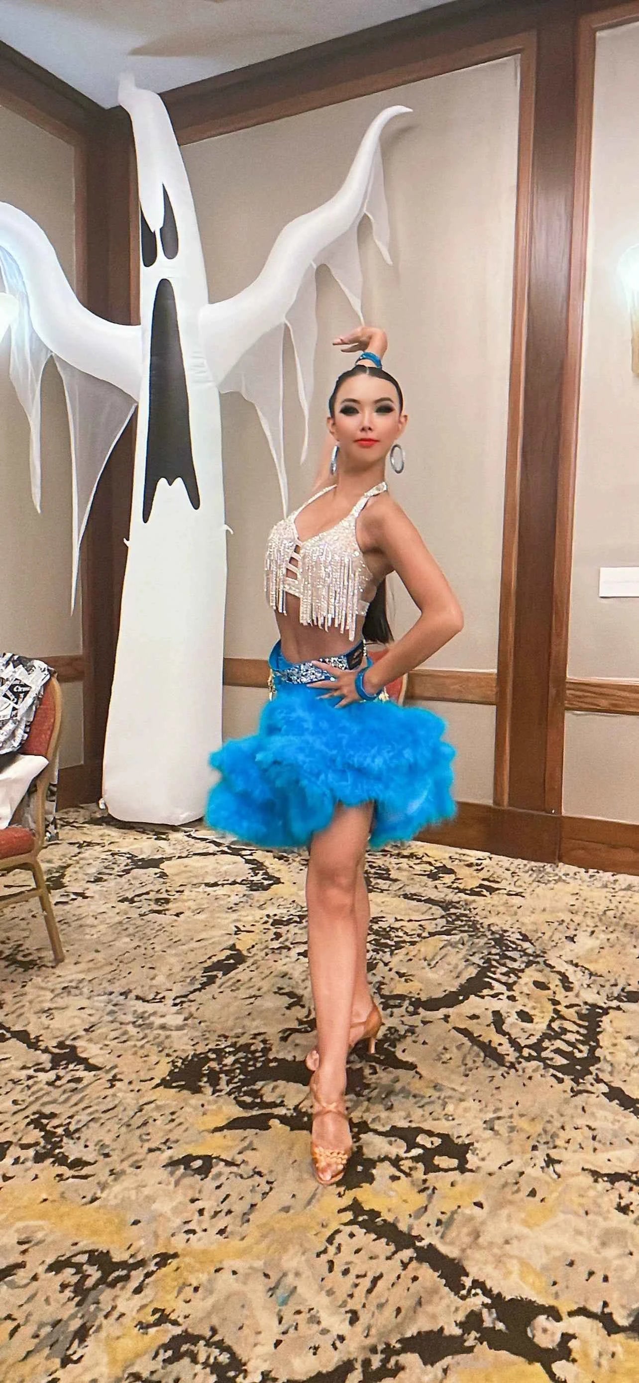 Custom Size Competition Latin Dance Dresses for Women Girls Green Blue Feather Samba Blackpool Dance Wear