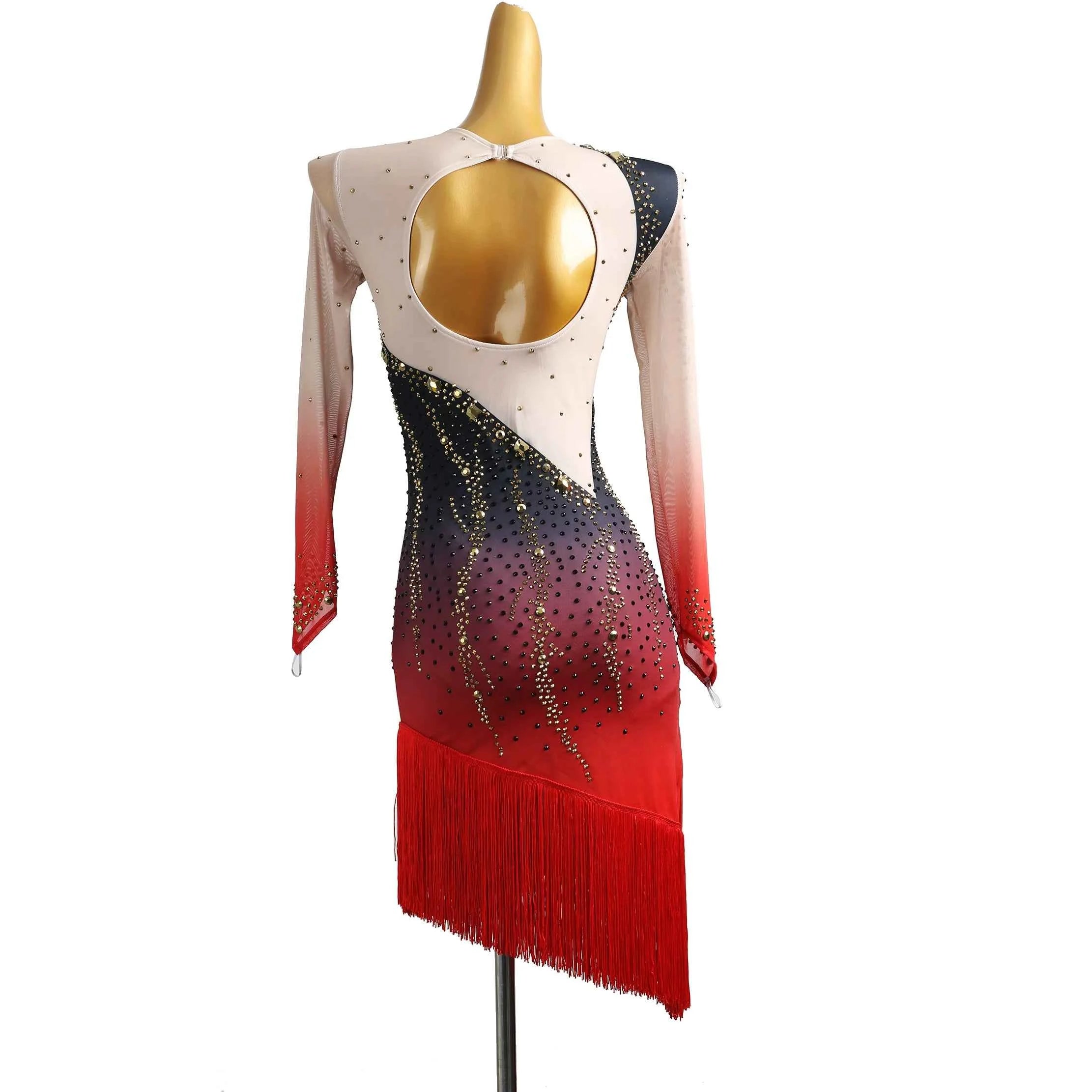 Black with Red Gold Rhinestones Latin Dance Dress for Women Girls Salsa Chacha Dancing Costume