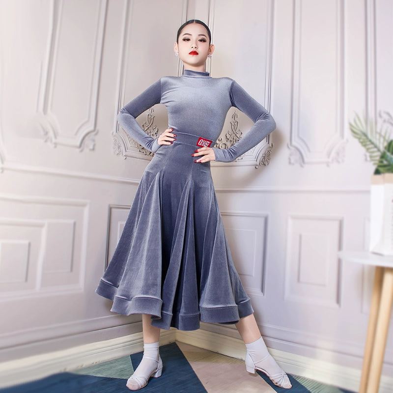 Girls Blue Purple Grey Velvet Ballroom Latin Dance Dresses for Kids Children  Competition Professional Performance Long Skirts for Children - Moderndancedress.com