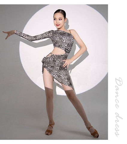 Leopard Print Latin Dance Dresse for Kids Girls Long-sleeved Slanted Shoulder Salsa Chacha Latin Ballroom Dance Clothes for Kids - Moderndancedress.com