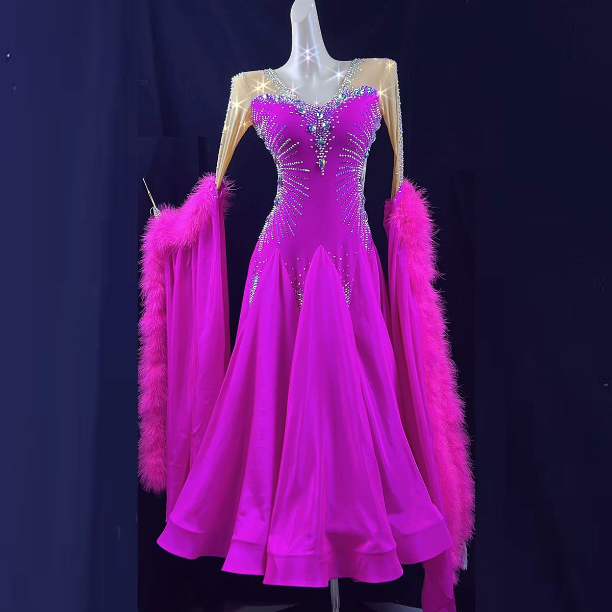 Custom Fuchsia Competition Ballroom Dance Dress Waltz Tango Gown with Feather Float