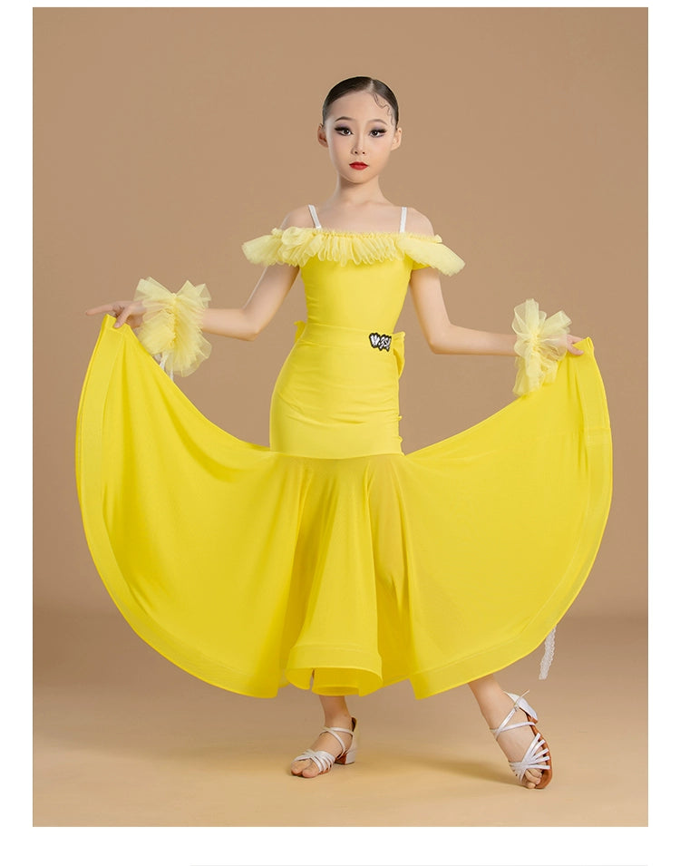children girls ballroom dance dresses purple yellow blue white color competition national standard regulations clothes big skirt - Moderndancedress.com