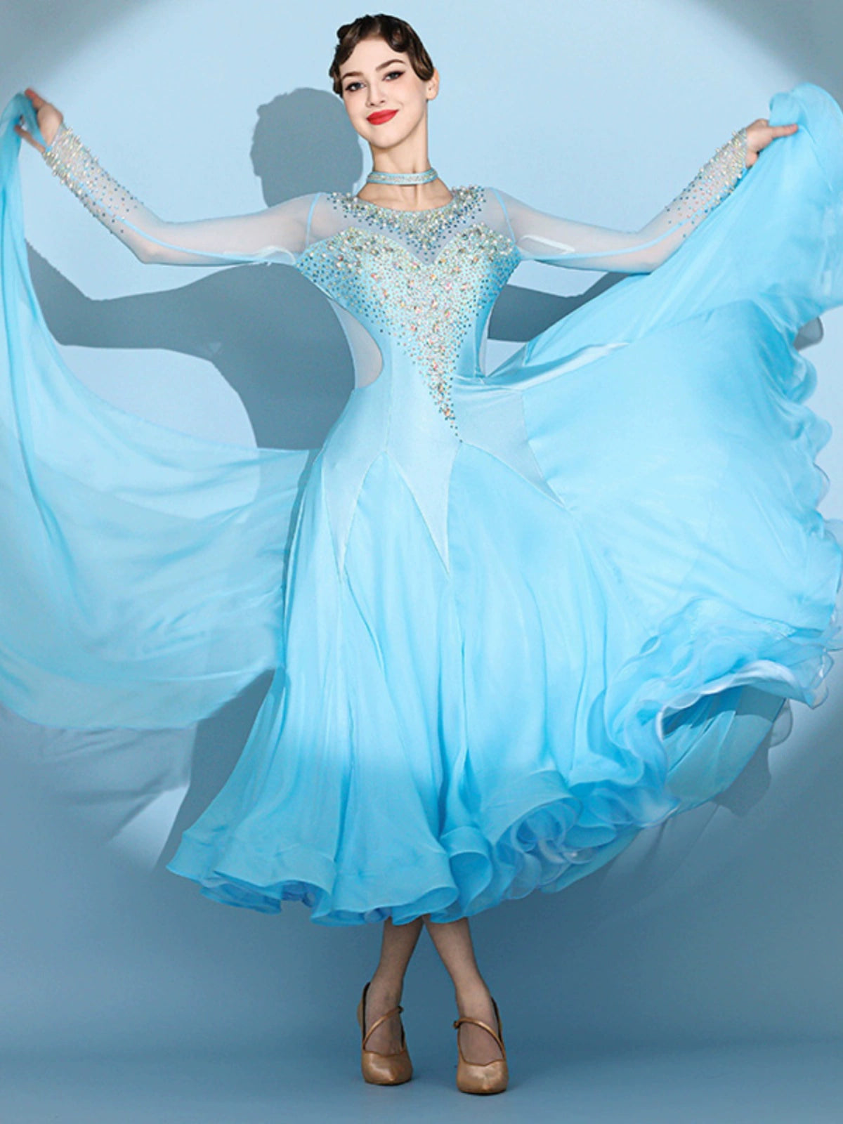 Custom size blue gemstones ballroom competition dresses for women girls children waltz tango foxtrot senior dance performance gown - Moderndancedress.com
