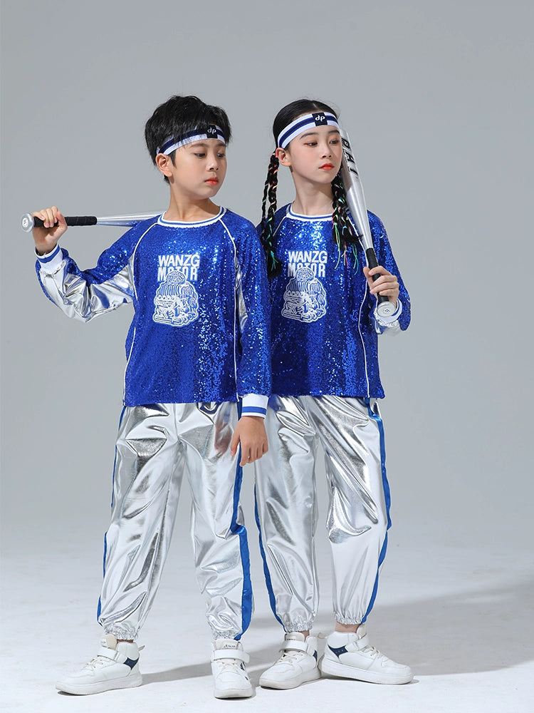 Children's Cheerleading Costumes Silver Blue Sequins Jazz Hip Hop Street Outfit for Girls Boys Opening Ceremony Jazz Dance Outfits for Kids - Moderndancedress.com