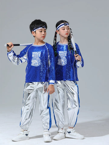 Children's Cheerleading Costumes Silver Blue Sequins Jazz Hip Hop Street Outfit for Girls Boys Opening Ceremony Jazz Dance Outfits for Kids - Moderndancedress.com