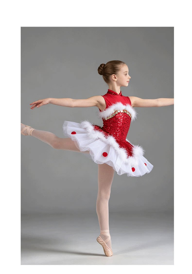 Girls Christmas Sequined Ballet Tutu - Kids Jazz Party Dance Costume with Feather Trim