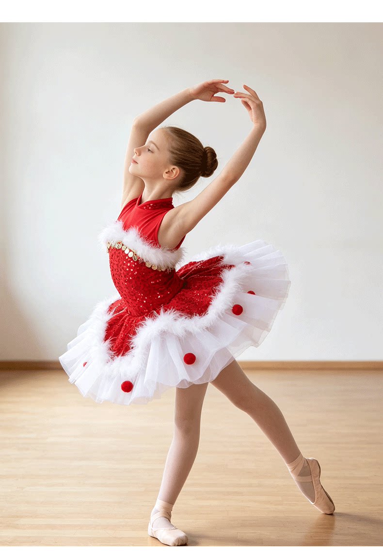 Girls Christmas Sequined Ballet Tutu - Kids Jazz Party Dance Costume with Feather Trim