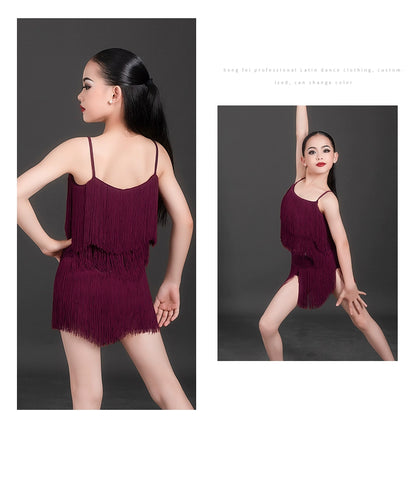 Girls wine white Latin dance  fringed dresses kids children fashion ballroom salsa rumba chacha solo performance practice suit - Moderndancedress.com