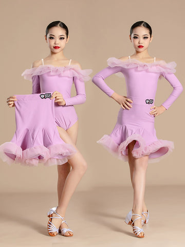 Girls kids orange light purple ruffles Latin dance dresses dew shoulder salsa ballroom latin performance outfits  practice costumes - Moderndancedress.com
