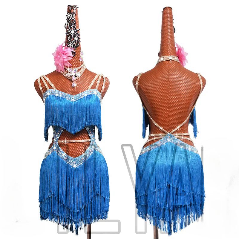 Ladies blue tassel professional Latin dance dresses for women girls competition salsa rumba chacha solo dance diamond skirt - Moderndancedress.com