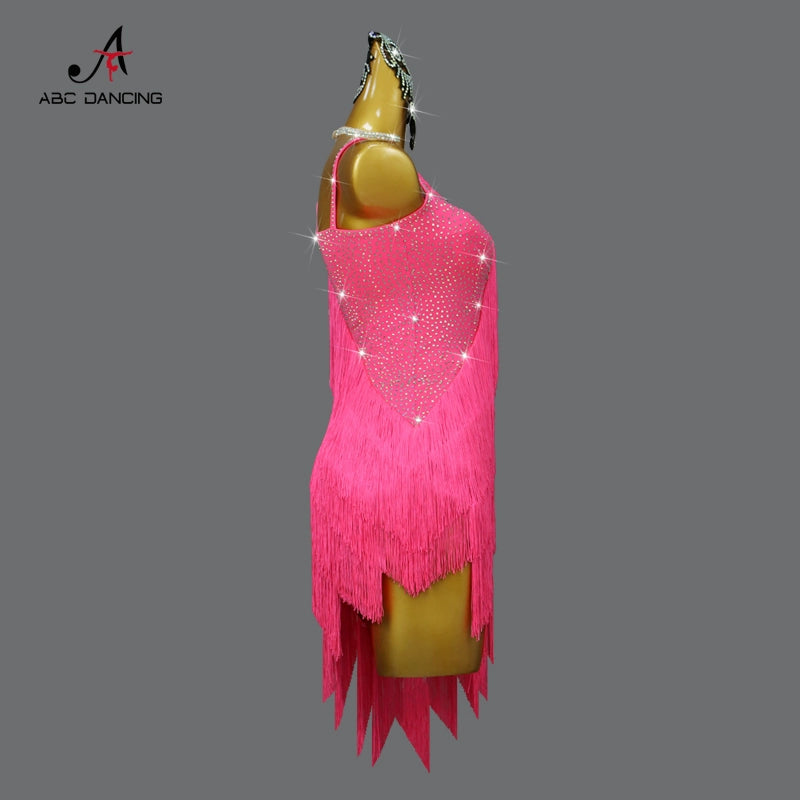 Professional fuchsia gemstones competition Latin Dance dresses for women girls slant neck Contest Show Flower solo Dance Tassel costumes - Moderndancedress.com